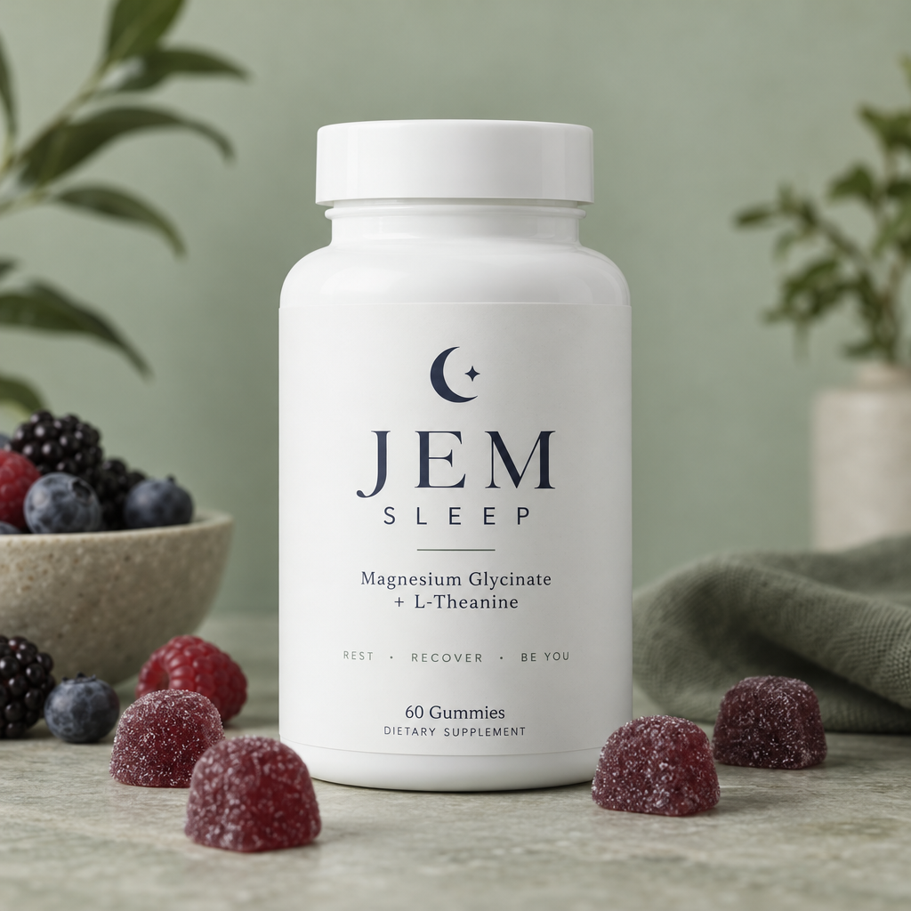 Jem Sleep Gummies - Magnesium Glycinate + L-Theanine supplement bottle, berry flavor, 60 gummies